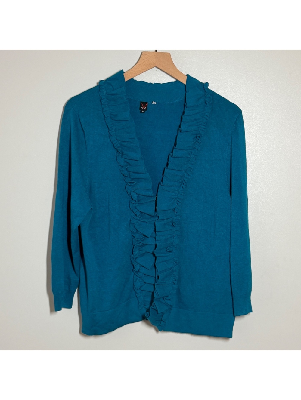 AVA Womens XL Teal Blue Ruffle Front Open Cardigan Lightweight Knit Sweater
